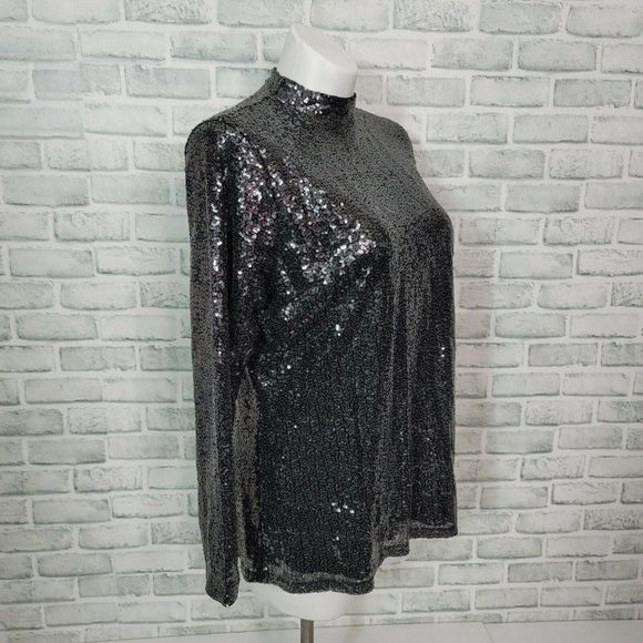 Lane Bryant Plus Size 14‎ Cocktail Party Black Sequin Mock Neck Long Sleeve Top - Picture 7 of 9
